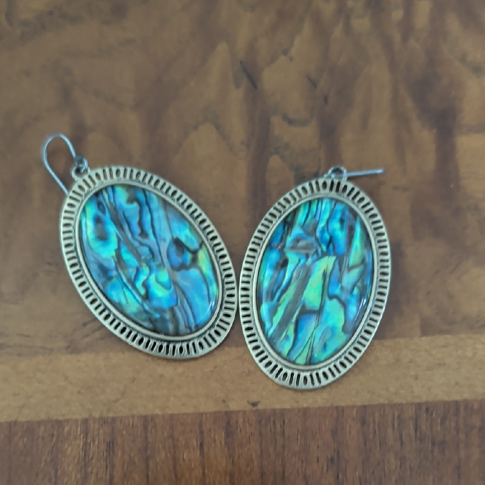 Abalone Shell Oval Drop Earrings - Iridescent Blue-Green